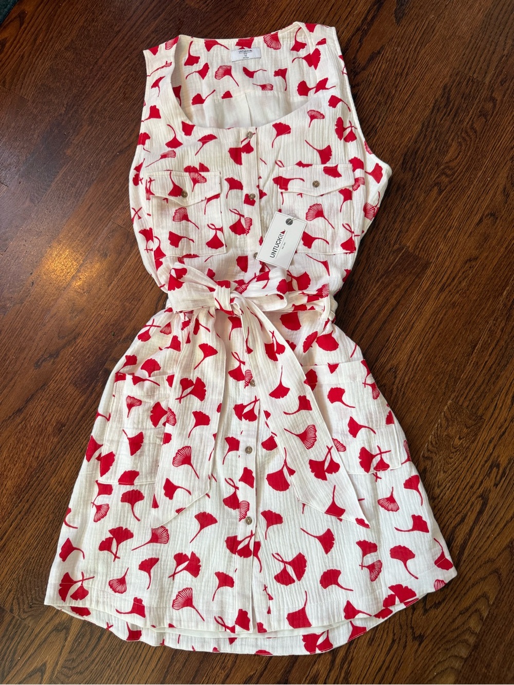 UNTUCKit Cream Dress with Red Floral Print and Tie Waist